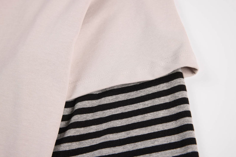 Faux Two-Piece Long Sleeve T-Shirt with Star Graphic & Striped Sleeves