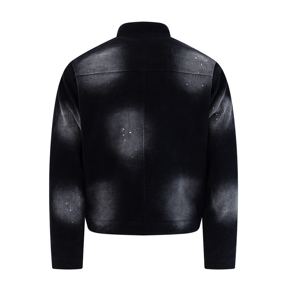 Biker Jacket for Men – Distressed Corduroy Stand-Collar Moto Jacket in Black