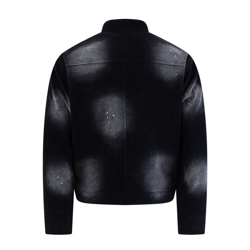 Biker Jacket for Men – Distressed Corduroy Stand-Collar Moto Jacket in Black