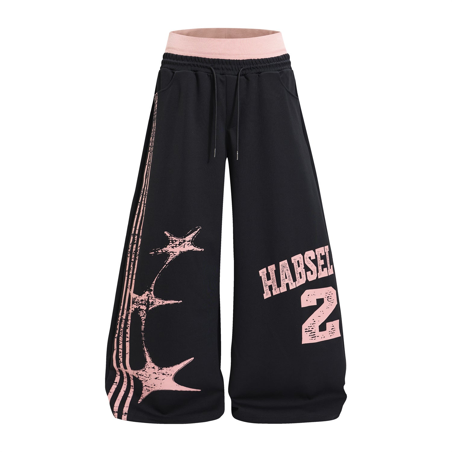 Pantalones de chándal de pierna ancha con estampado gráfico varsity y cintura rosa en contraste
