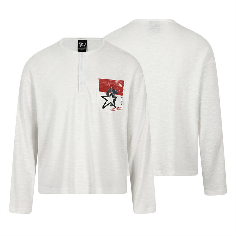Men's Long Sleeve Henley Shirt – Relaxed Fit Graphic Pocket Top in White