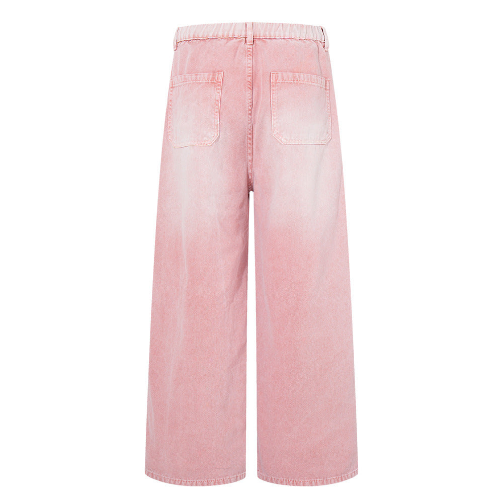 Wide-Leg Carpenter Jeans – Patchwork Studded Pink Washed Denim