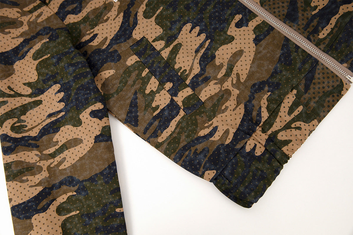 Veste zippée camouflage – Col montant, écusson Union Jack, coupe cropped