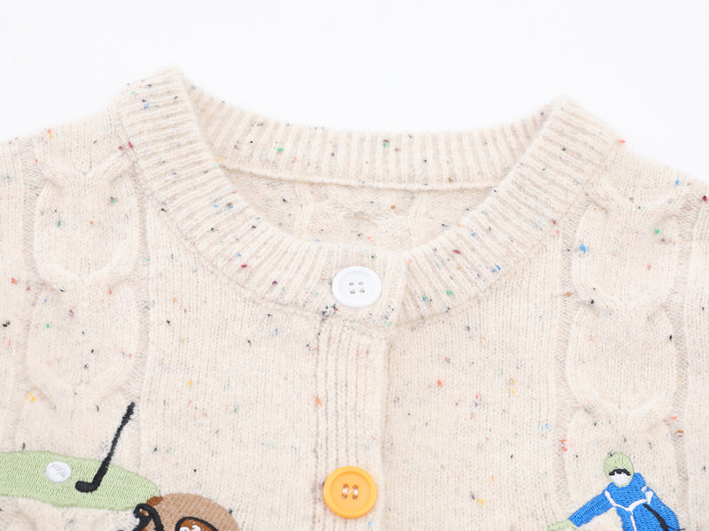 Cable Knit Cardigan Sweater with Cartoon Sport Embroidery & Colorful Buttons