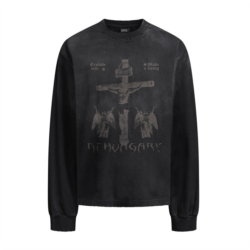 Gothic Cross Graphic Long Sleeve Tee – Distressed Heavyweight Cotton Streetwear