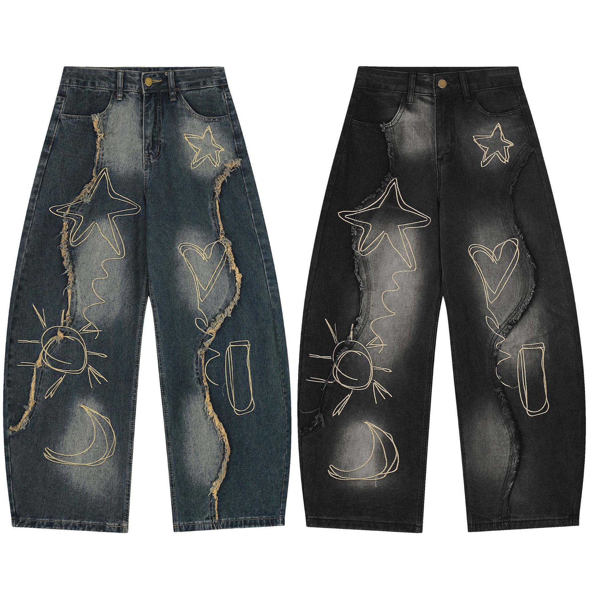 Baggy Jeans with Celestial Embroidery, Raw-Edge Seam & Wide Leg — Unisex Vintage