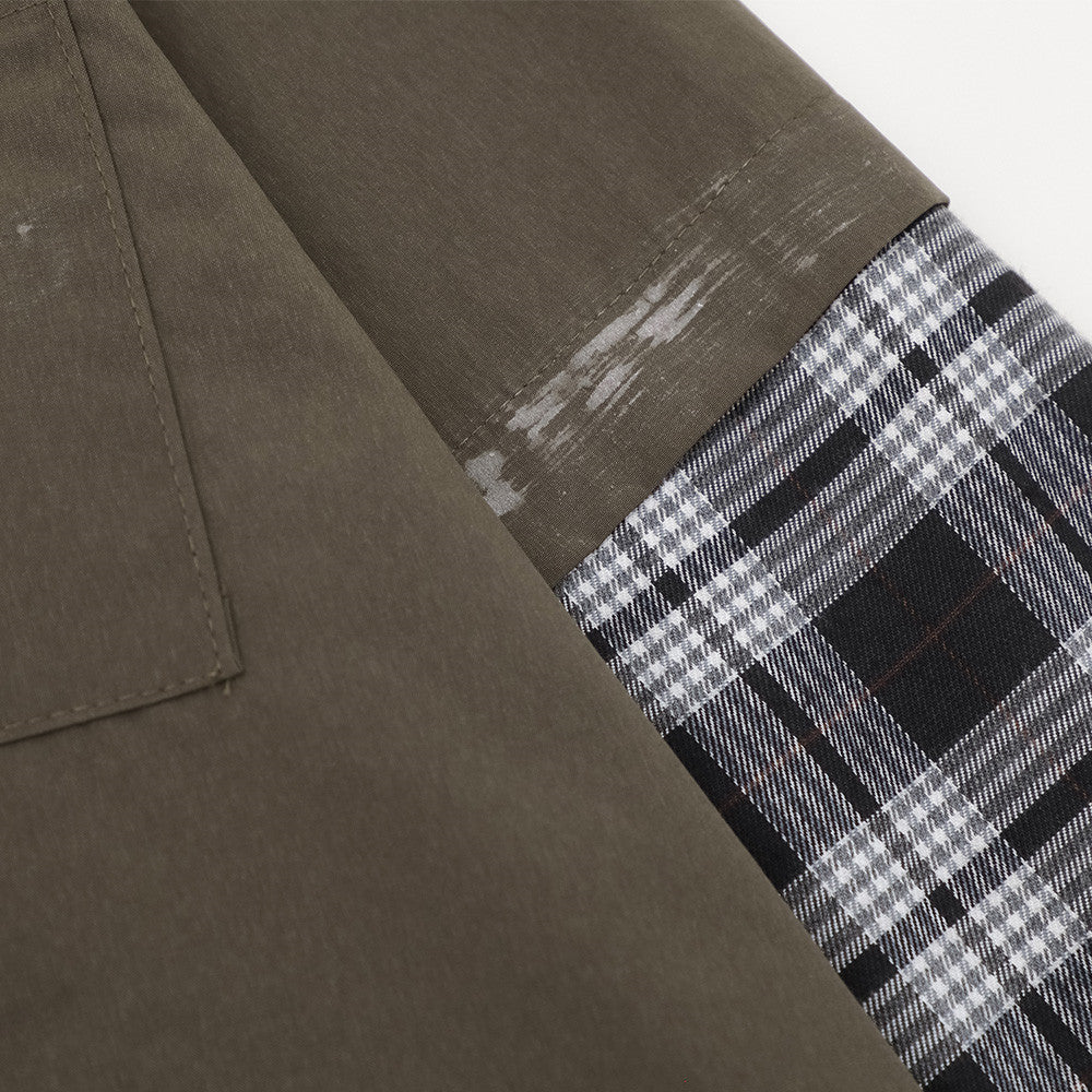 Plaid Splice Long Sleeve Shirt – Faux Two-Piece Brushstroke Detail, Relaxed Fit