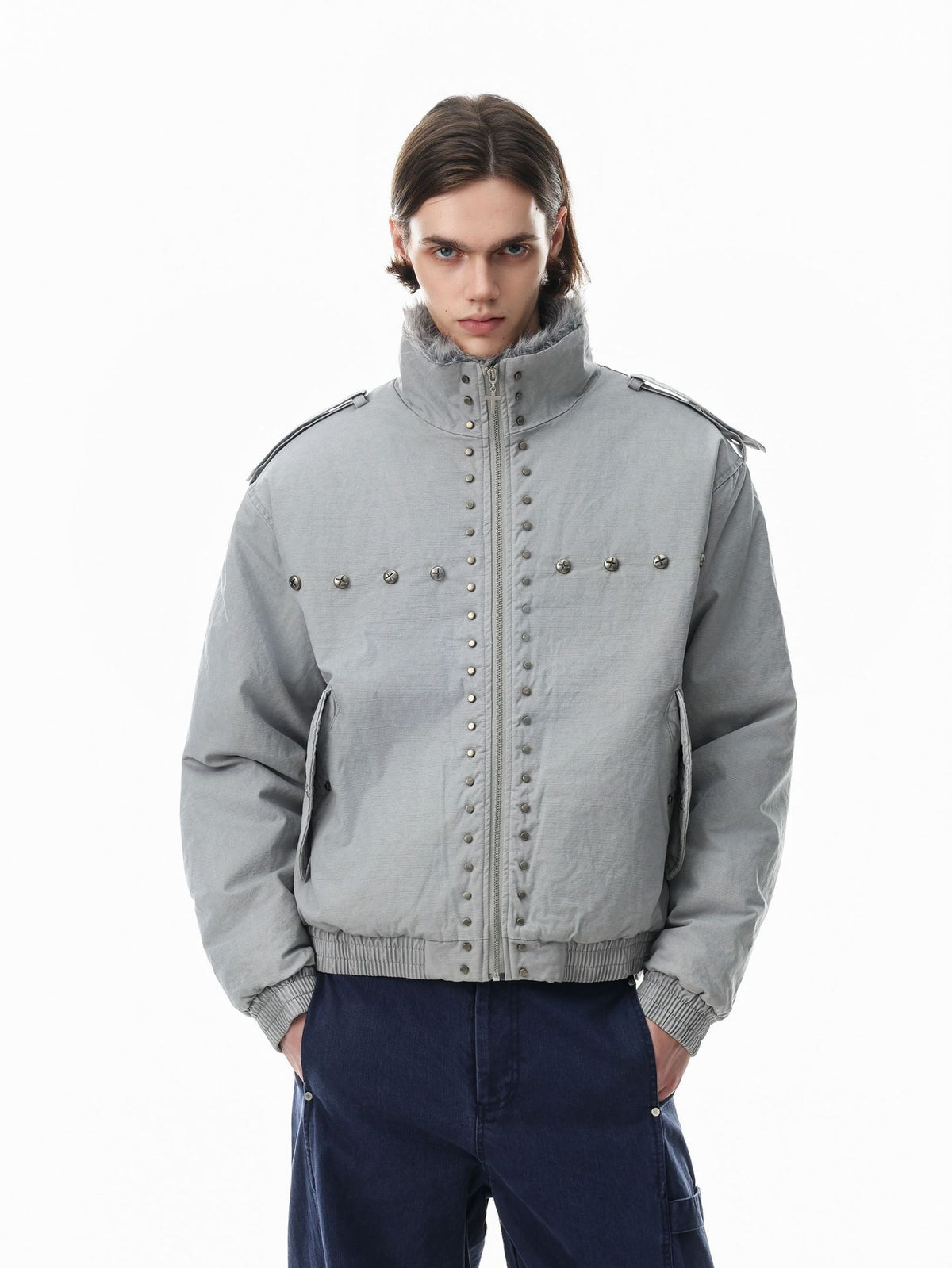 Studded faux fur collar padded bomber jacket in grey and black with silver hardware and ribbed hem