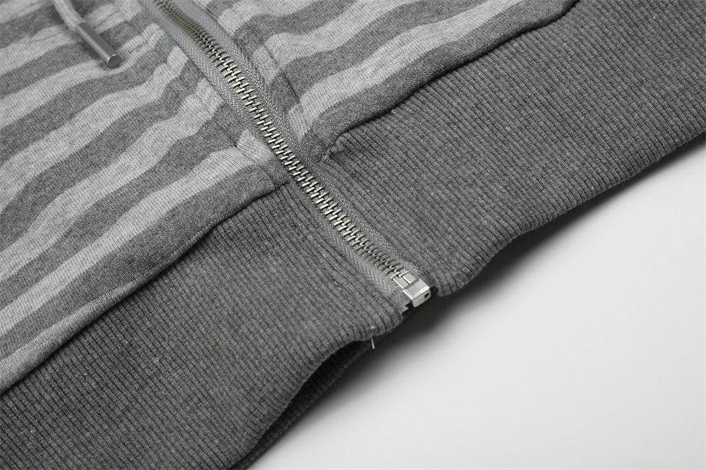 Gray Zip Up Jacket Striped Union Jack Stand Collar Unisex Sweatshirt Coat