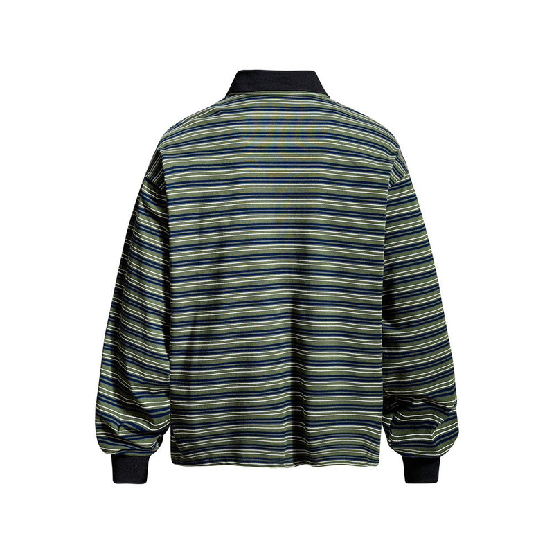 Striped Long-Sleeve Polo Shirt – Retro Oversized Fit with Contrast Collar