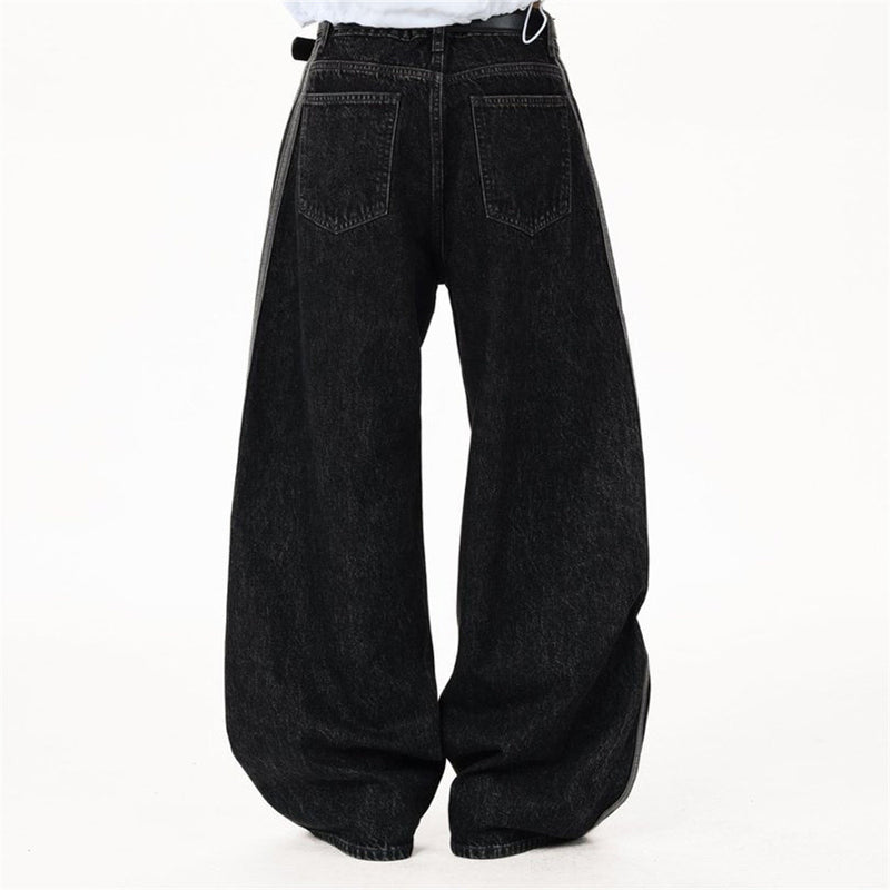 Wide Leg Dad Jeans – Washed Black Denim with Side Stripe Detail