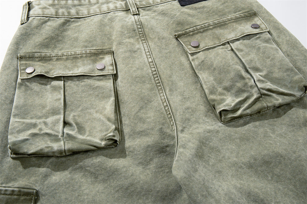 Wide-Leg Cargo Pants with Tribal Graphic & Letter Print – Acid Wash Army Green