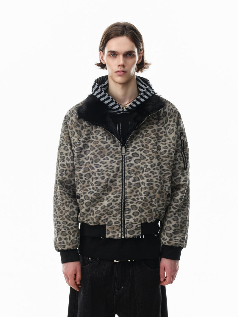 Reversible Faux Fur & Leopard Print Bomber Jacket – Oversized Retro American