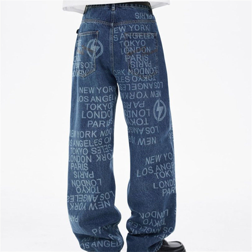 Men's Wide Straight-Leg Jeans – Allover City Names & Lightning Bolt Print