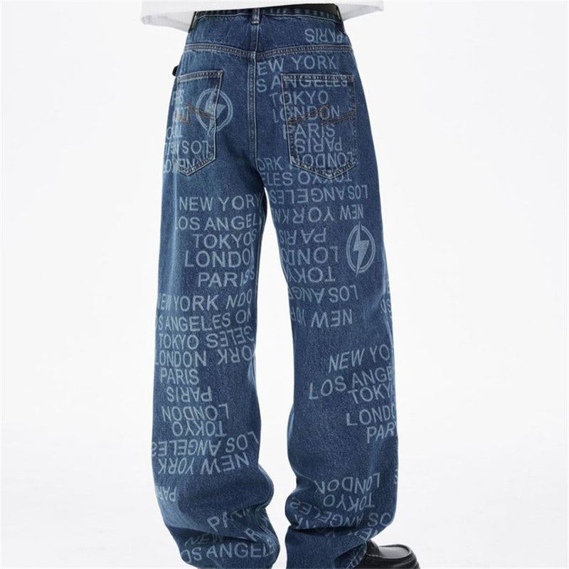 Men's Wide Straight-Leg Jeans – Allover City Names & Lightning Bolt Print