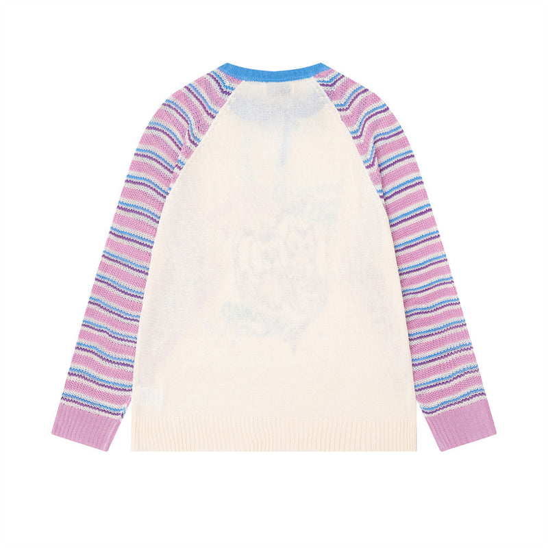 Pull en maille rayé colorblock à manches raglan avec col à lien