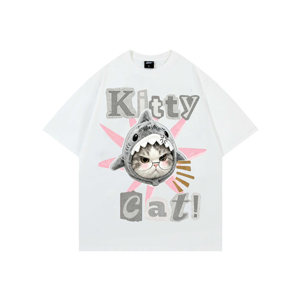 Kitty-Cat-Shark-Meme-T-Shirt – Kurzarm-Streetstyle-Shirt für Herren