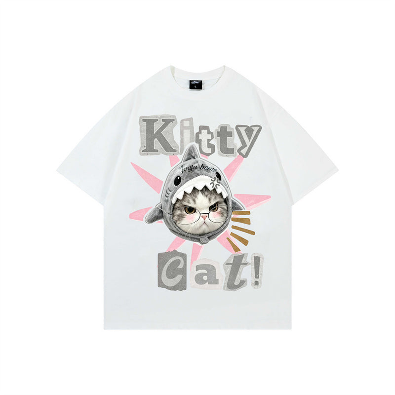 Kitty-Cat-Shark-Meme-T-Shirt – Kurzarm-Streetstyle-Shirt für Herren