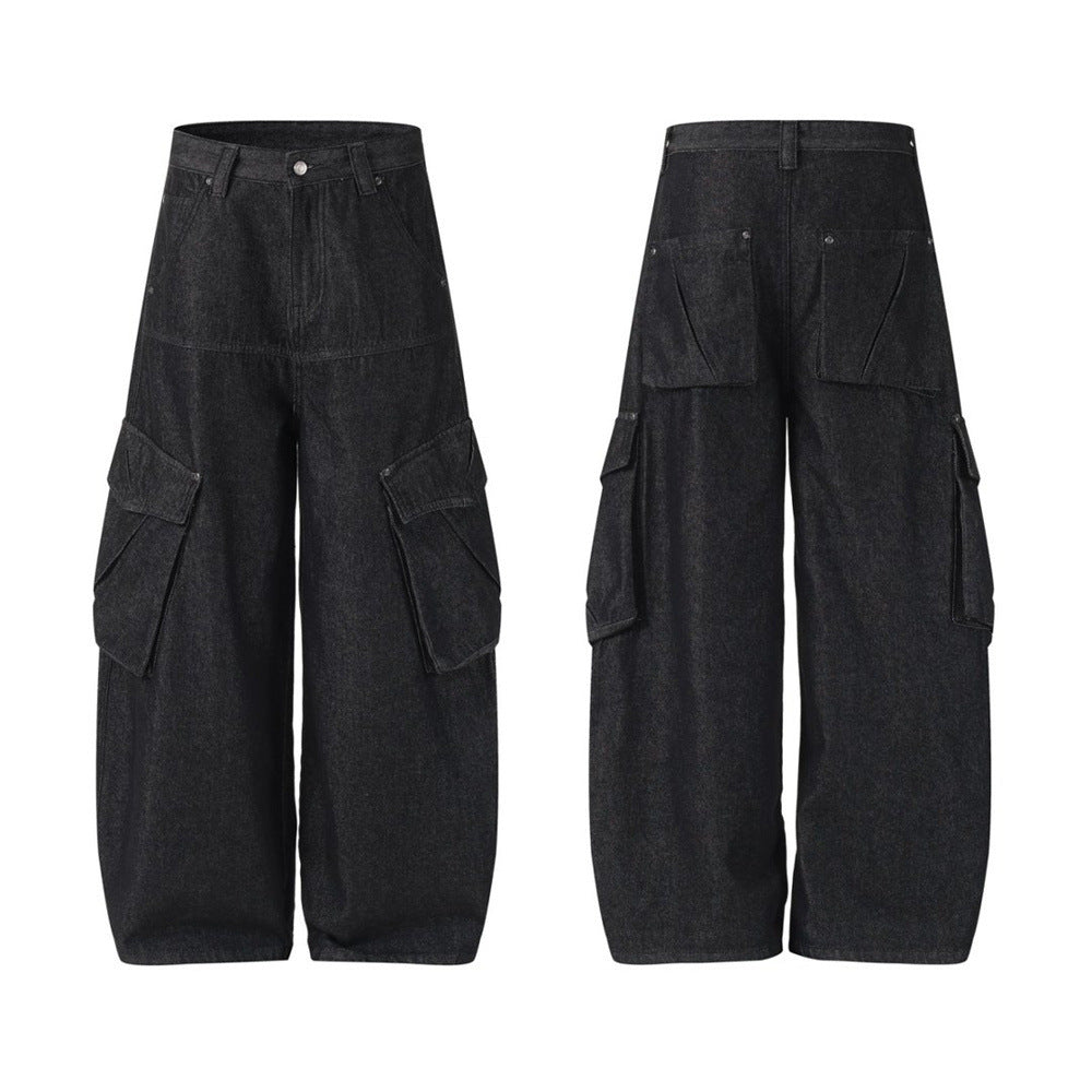 Men's black baggy wide-leg cargo denim jeans with large flap utility pockets, front and back view