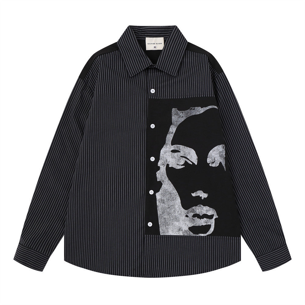 Oversized black pinstripe long sleeve shirt with abstract face graphic print on front panel and back