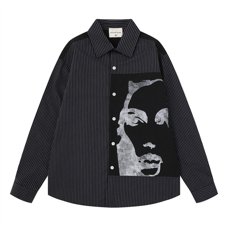 Oversized black pinstripe long sleeve shirt with abstract face graphic print on front panel and back