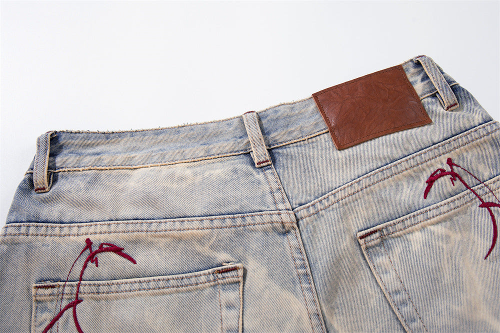 Tie-Dye Washed Denim Shorts – Wide-Leg Embroidered Vintage Punk Style