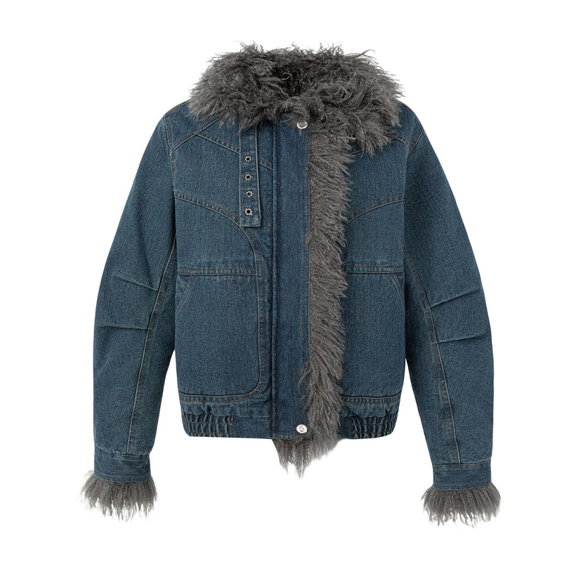 Washed Denim Cotton-Padded Jacket with Faux Fur Collar & Cuffs