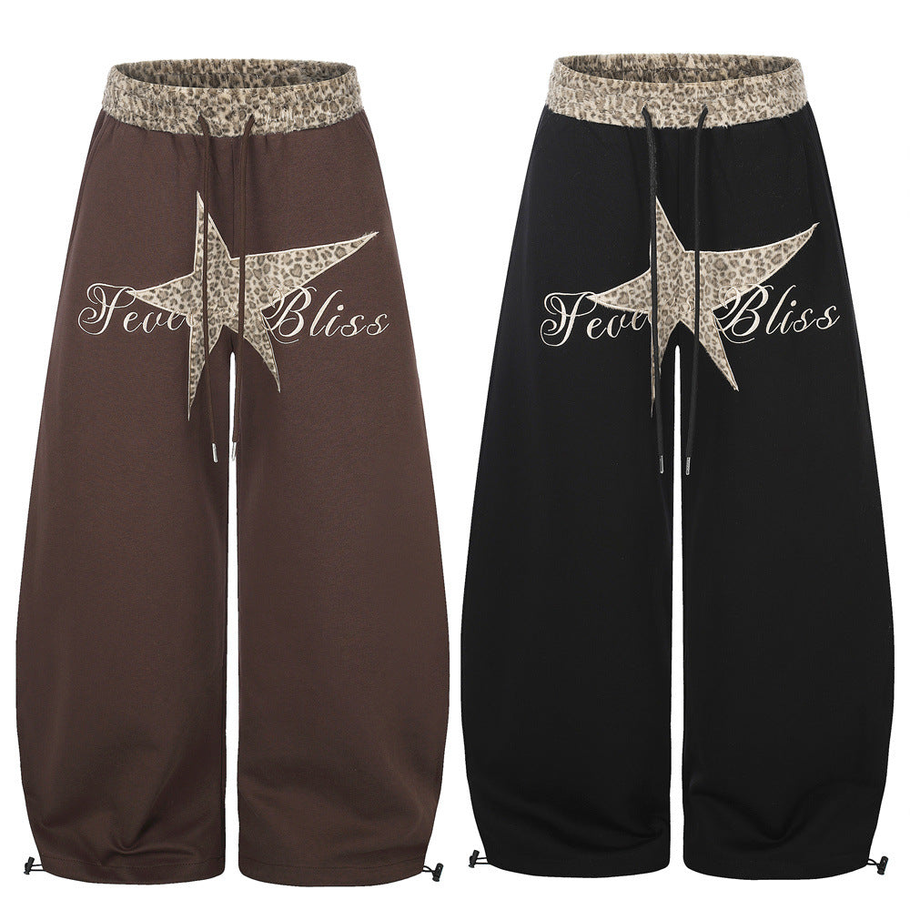 Wide-Leg Sweatpants with Leopard Print Star Patch & Drawstring Waist