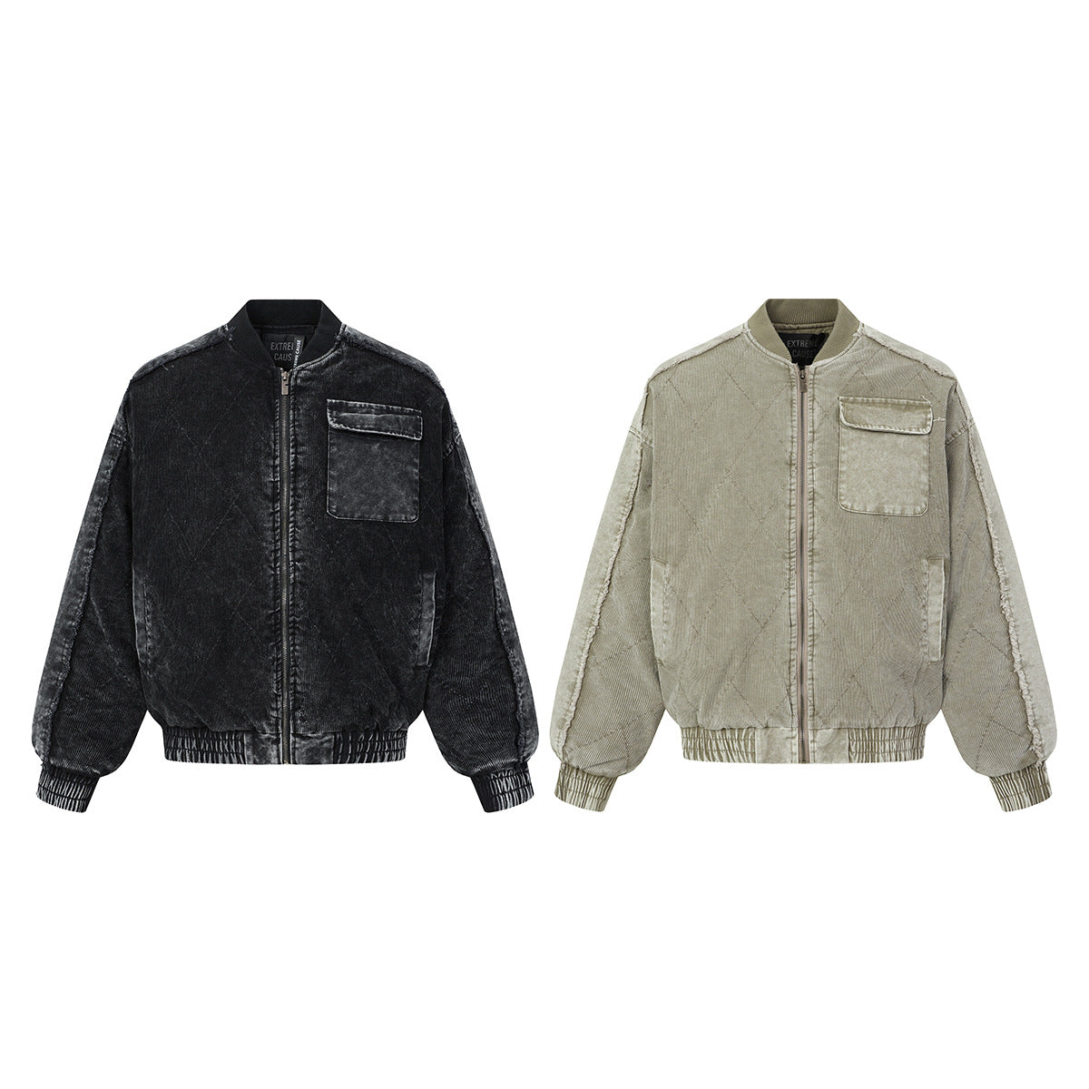 Quilted Corduroy Bomber Jacket – Acid-Washed Raw-Edge Baseball Jacket
