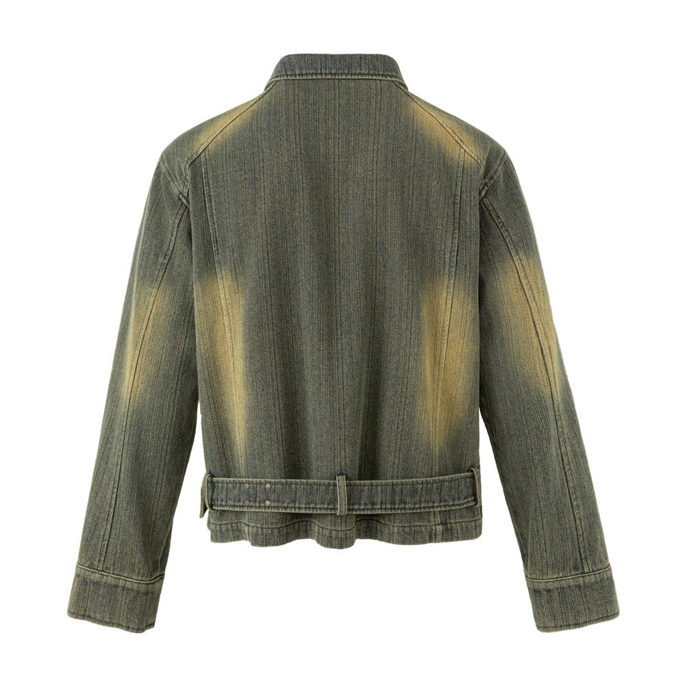 Vintage Washed Denim Jacket – Floral Embroidery, Zip-Up, Belted Waist