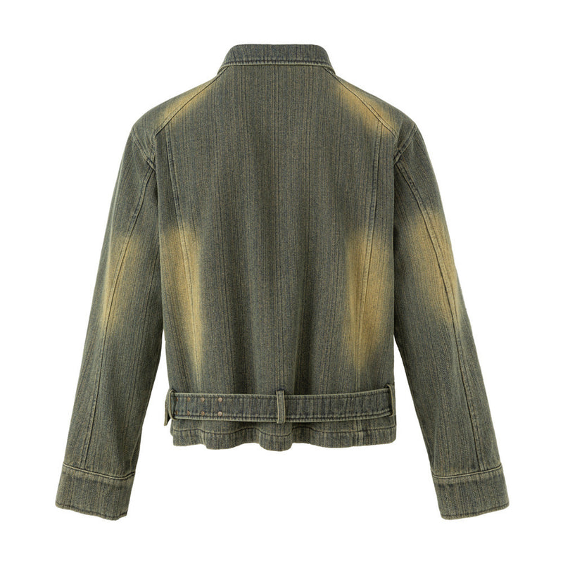 Vintage Washed Denim Jacket – Floral Embroidery, Zip-Up, Belted Waist