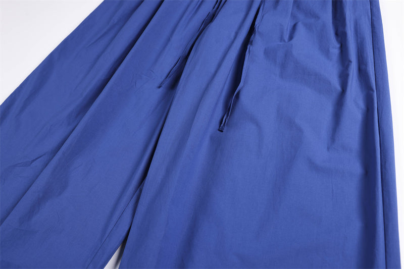 Wide-Leg Relaxed Fit Pants – Elastic Drawstring Waist, Button Placket, Solid