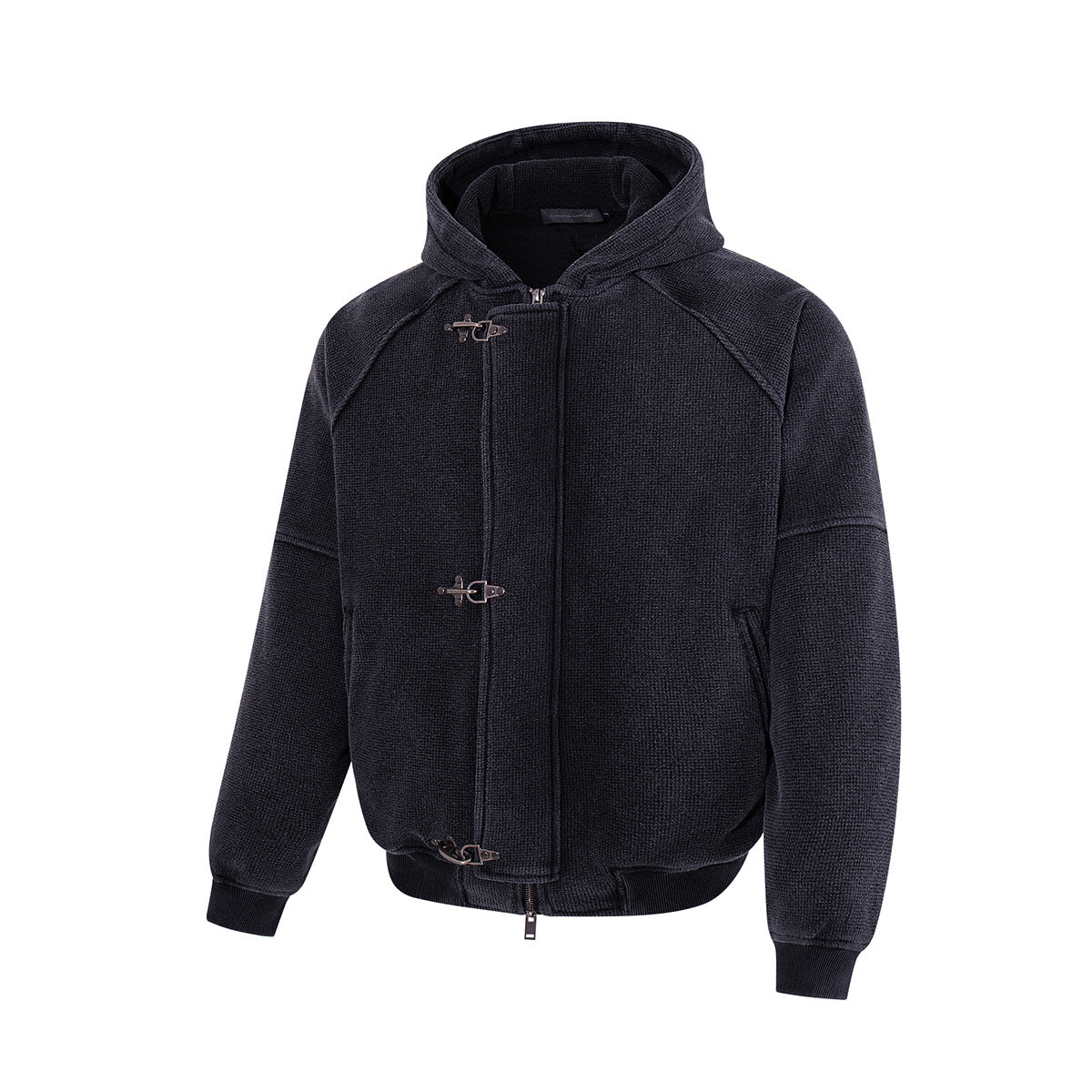 Hooded-Bomberjacke aus Waffelstrick mit Washed-Finish und Metallverschlüssen