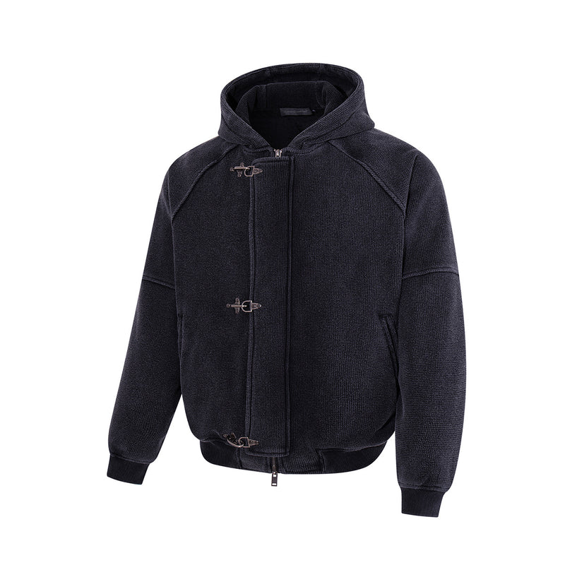 Hooded-Bomberjacke aus Waffelstrick mit Washed-Finish und Metallverschlüssen