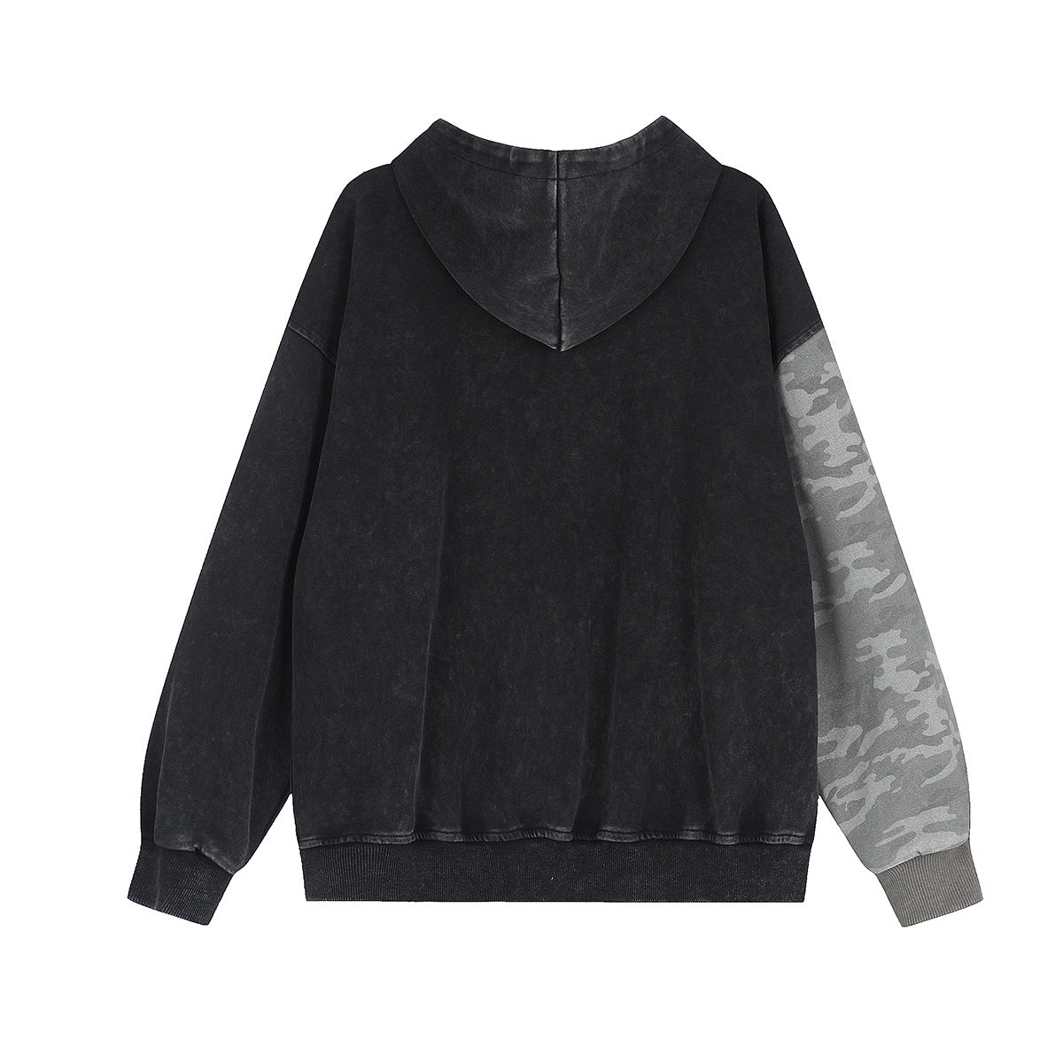 Sudadera con capucha y cremallera de lavado ácido con paneles de camuflaje – Chaqueta streetwear oversize con cruz
