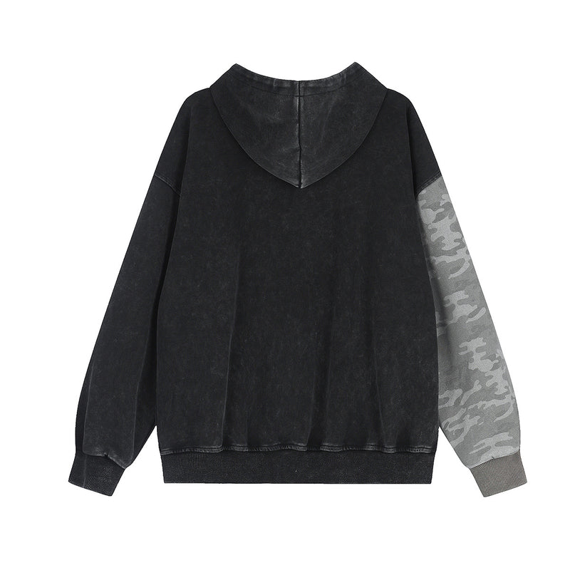 Sudadera con capucha y cremallera de lavado ácido con paneles de camuflaje – Chaqueta streetwear oversize con cruz