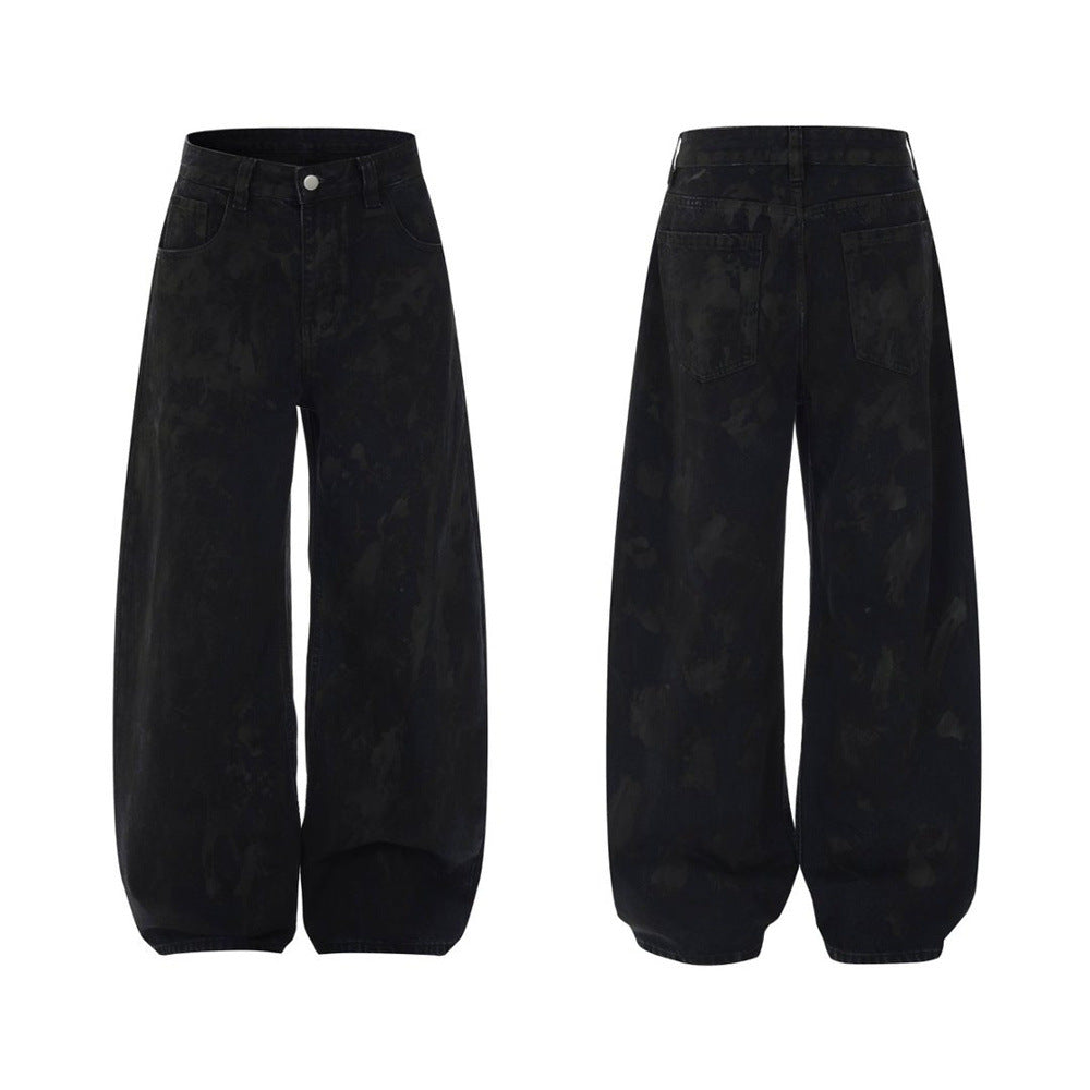 Men's black tie-dye acid-wash wide-leg baggy jeans with barrel silhouette, front and back view