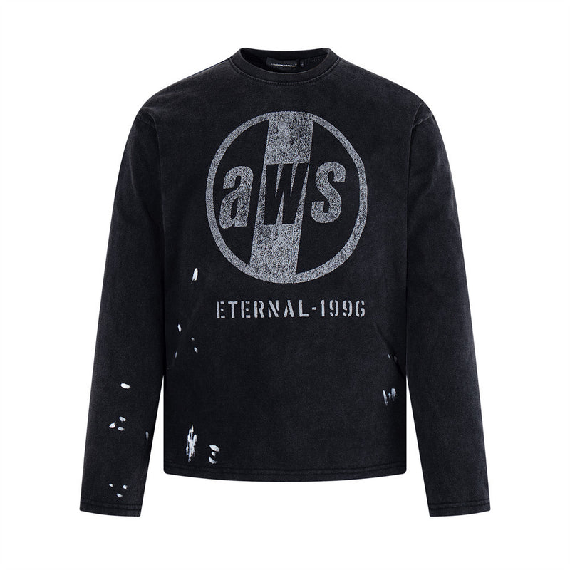Long Sleeve Graphic Tee – AWS Eternal 1996 Circle Print, Distressed Washed Black