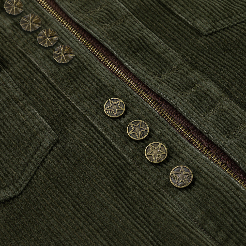Men's Army Green Corduroy Jacket with Metal Buttons & Layered Hem Detail