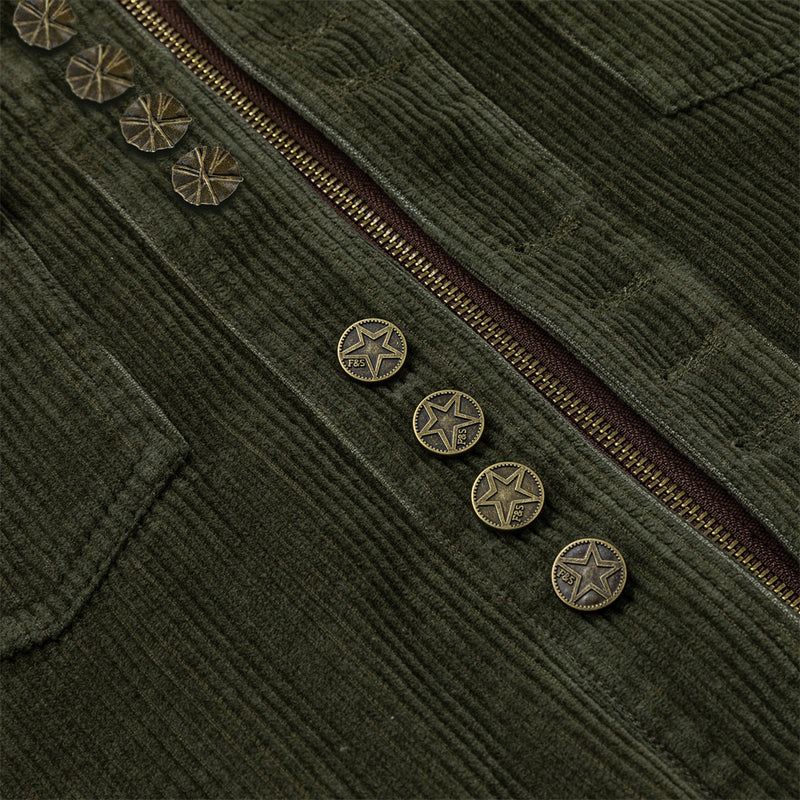 Men's Army Green Corduroy Jacket with Metal Buttons & Layered Hem Detail