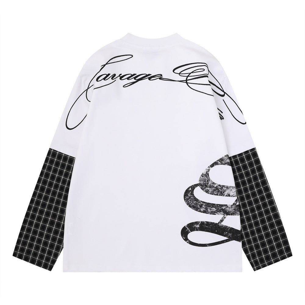 Savage Base Fake-Zweiteiler mit karierten Patchwork-Ärmeln – Oversized-Langarmshirt für Herren