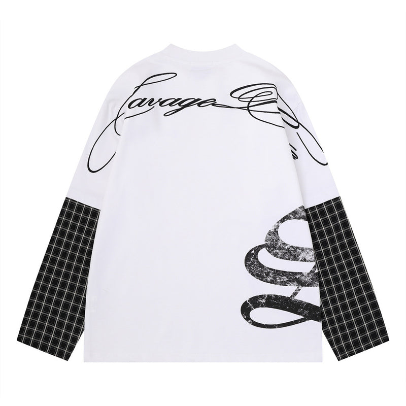 Savage Base Fake-Zweiteiler mit karierten Patchwork-Ärmeln – Oversized-Langarmshirt für Herren