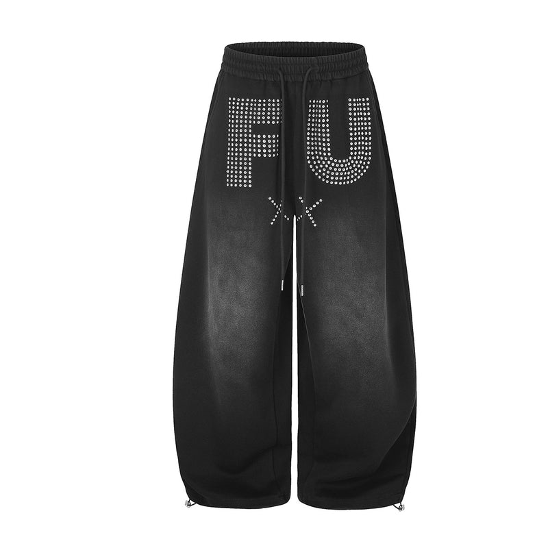 Pantalon de survêtement oversize à jambes larges, motif FU en strass et délavage vintage noir et gris