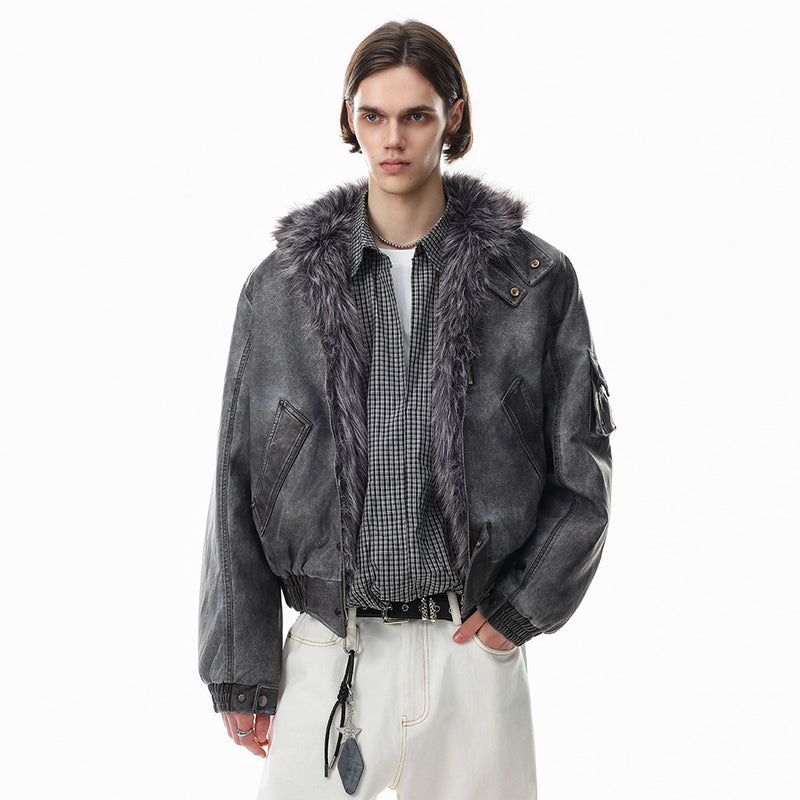 Men's Distressed Bomber Jacket with Faux Fur Collar – Padded Stand-Collar