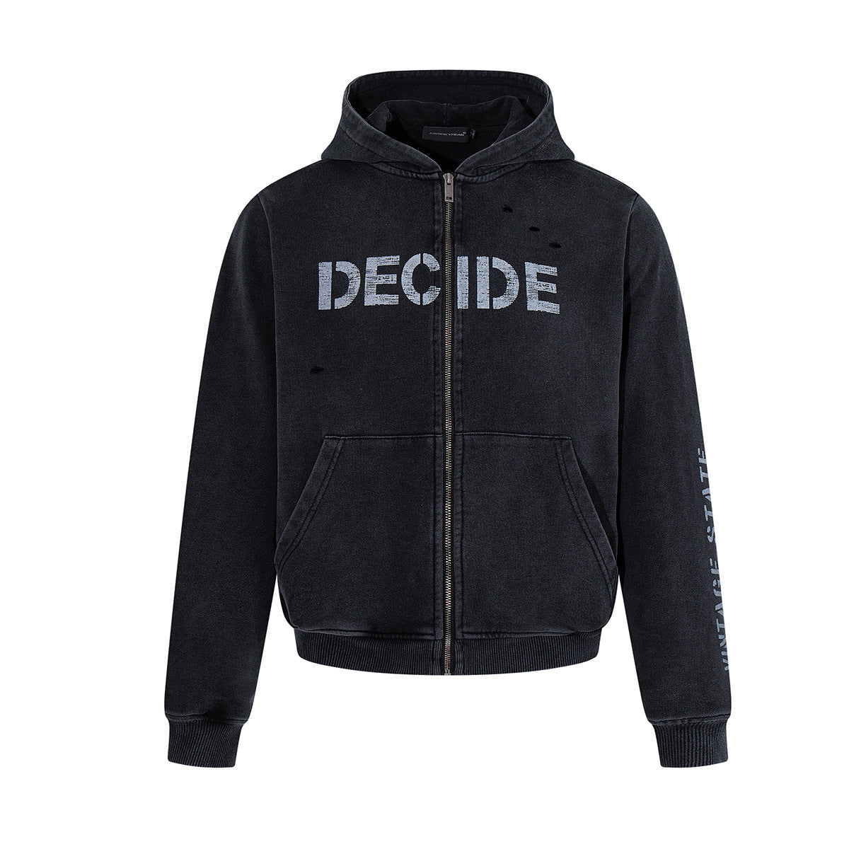 Oversize Zip Up Hoodie Vintage Acid-Washed Distressed Decide Graphic Full-Zip