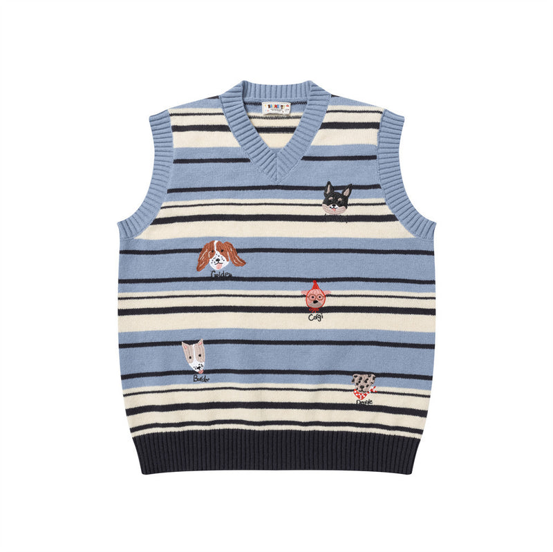 Striped v-neck knit sweater vest with embroidered dog breed illustrations in blue colorway, front view