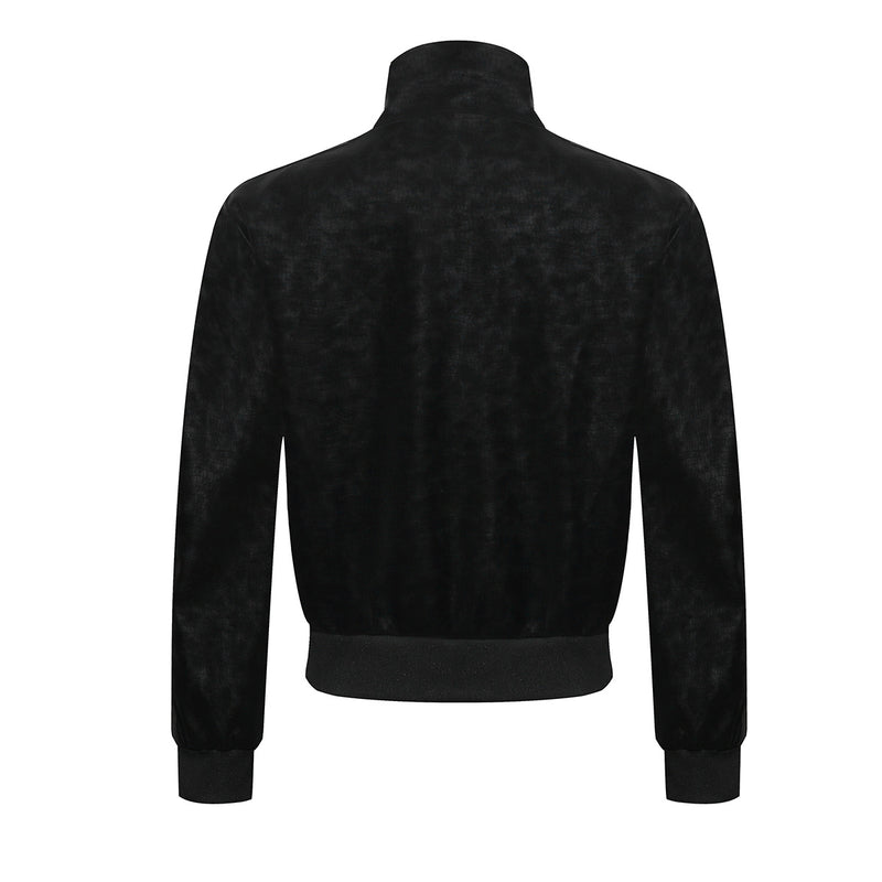High Neck Leather Jacket with Leopard Side Panels & Crown Emblem