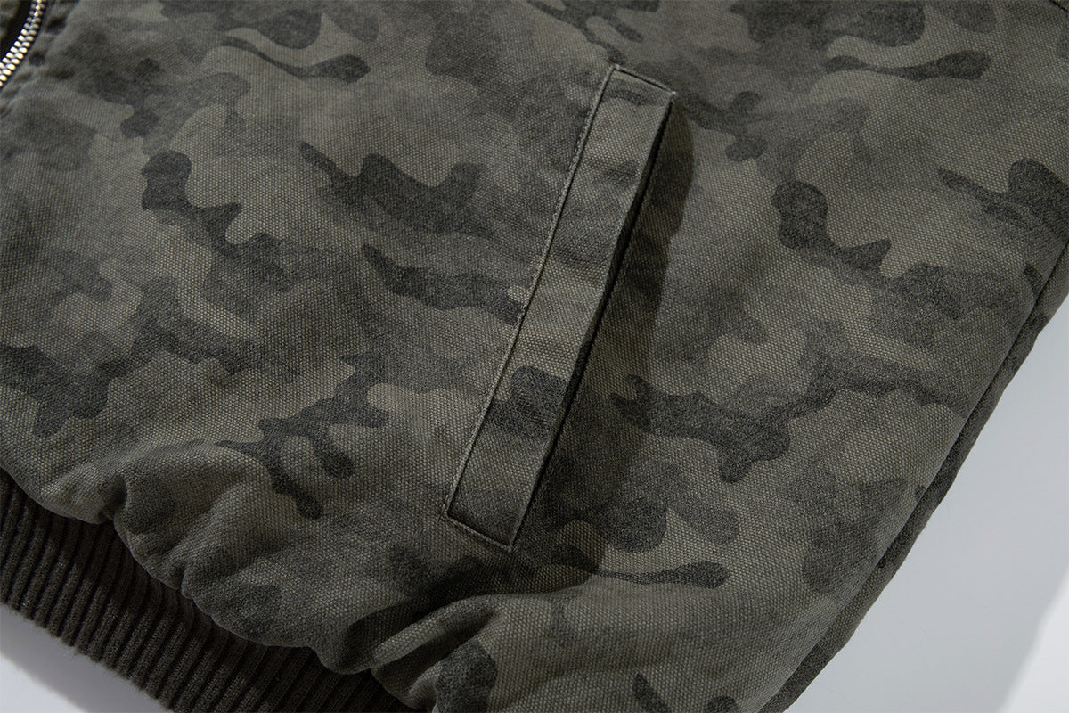 Camo Sherpa-Lined Hooded Bomber Jacket with Studded Hood