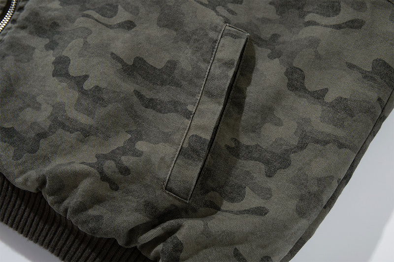 Camo Sherpa-Lined Hooded Bomber Jacket with Studded Hood