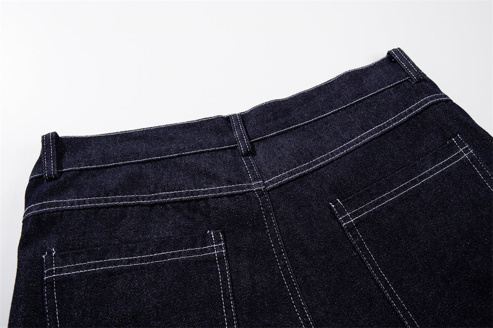 Wide-Leg Jeans with Gothic Cross & Script Embroidery, Button Fly, Dark Indigo